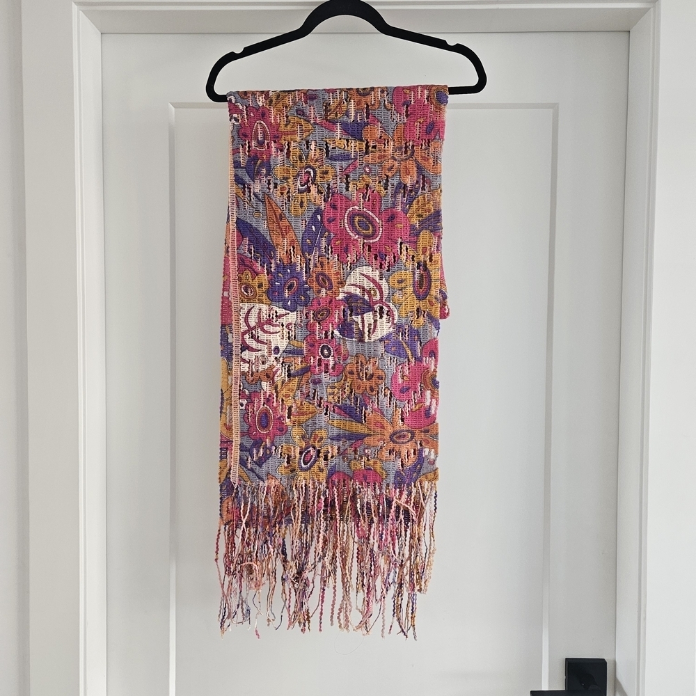 Floral Multicolor Scarf with Fringe